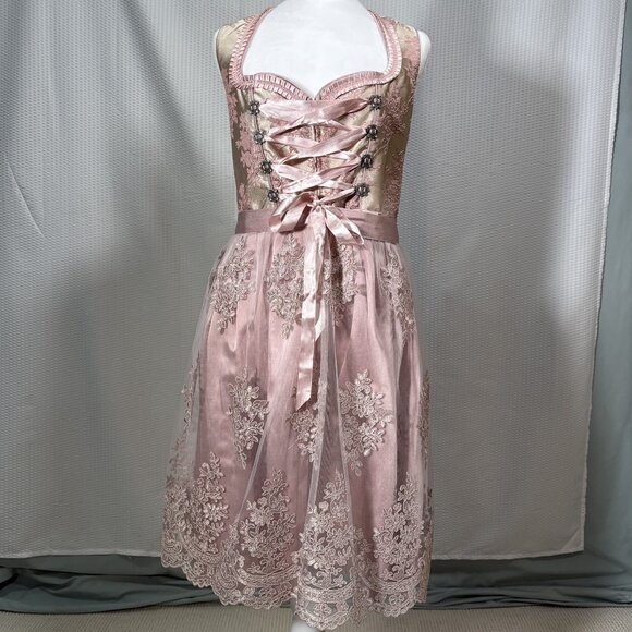 Traditional Bavarian Drindl Dress Midi Lace Satin Embroidery Corset Oktoberfest - Picture 2 of 16